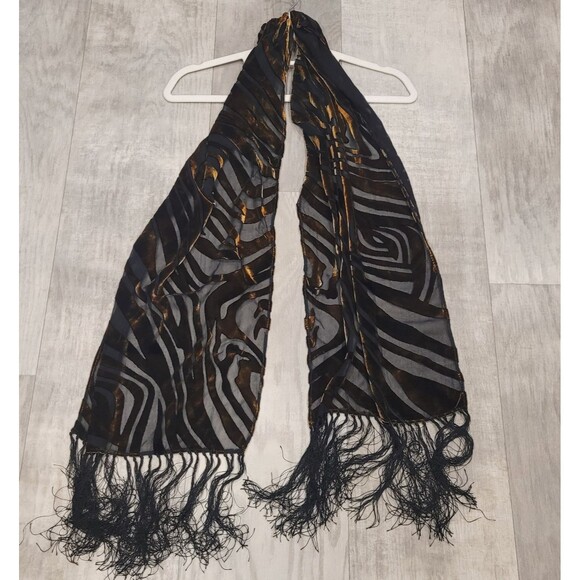 Chico's Silk Rayon Sheer Scarf 13” x 63” Gold Velvet Black Net Fringe Elegant - Picture 7 of 7